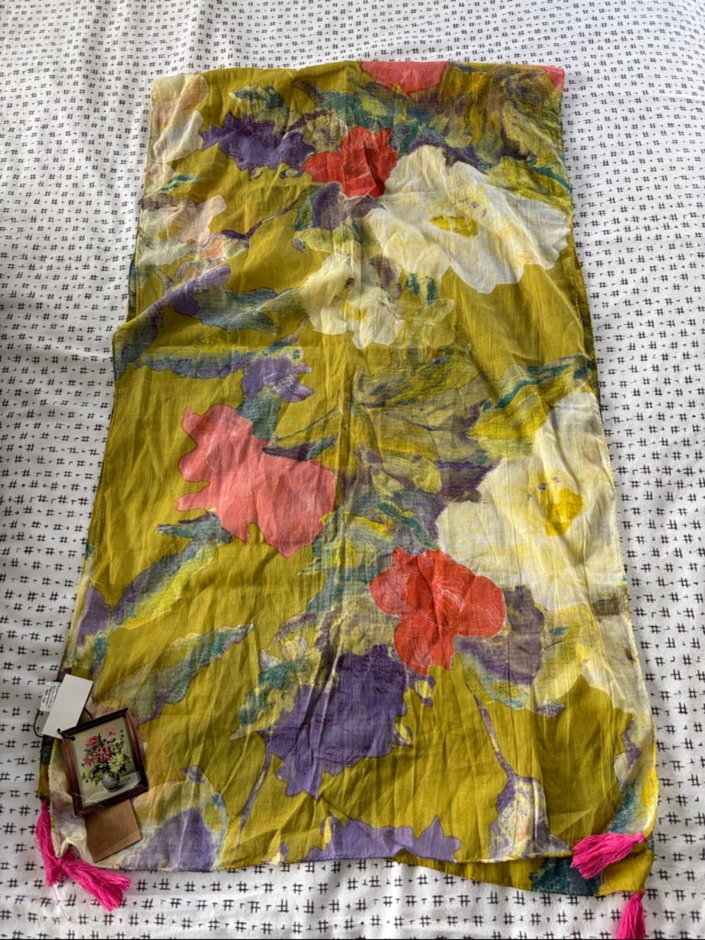 1916 House of Disaster scarf, cotton, chartreuse/purple/coral/blue, 70x19.5”
